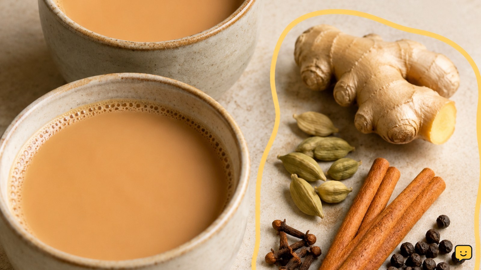 Two cups of creamy chai tea beside cardamom, cinnamon, cloves, peppercorns and fresh ginger