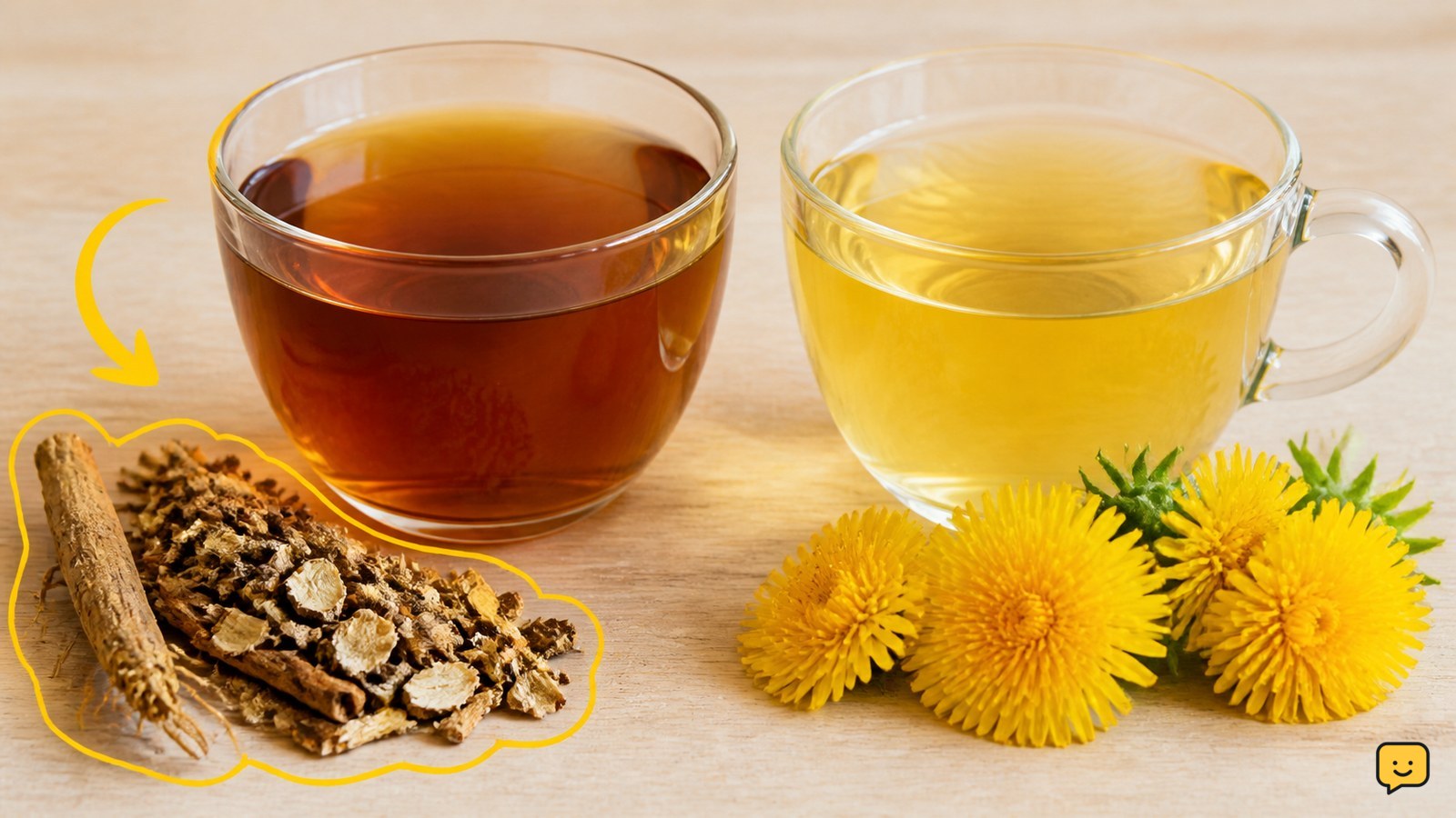 A cup of dandelion root tea beside a lighter dandelion flower infusion, with dried root and clean flowers visible