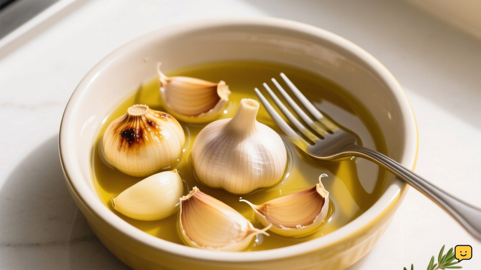 Soft golden garlic cloves submerged in olive oil in a small baking dish