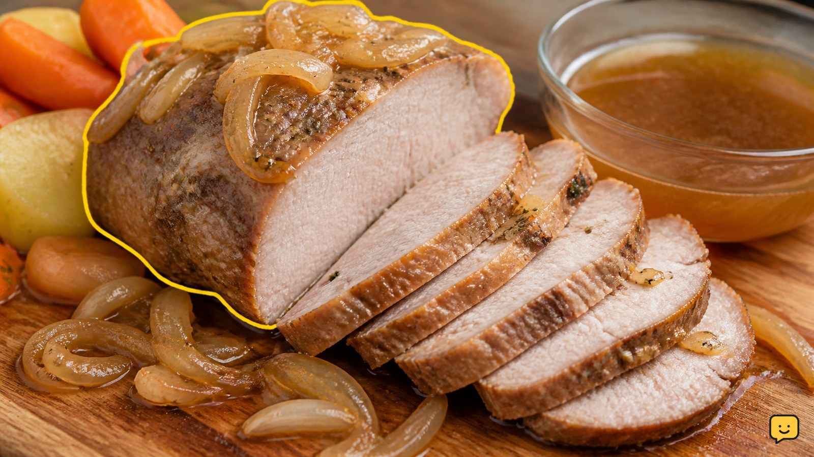 Sliced slow cooker pork roast with onions and cooking juices