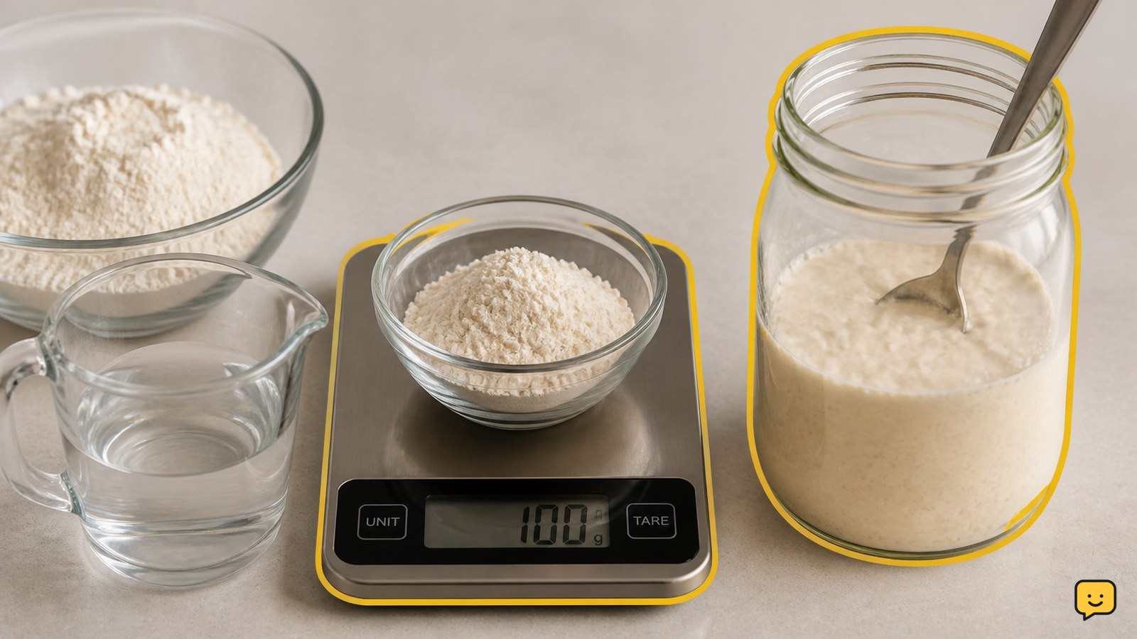 Glass jar of sourdough starter beside flour, water, and a kitchen scale
