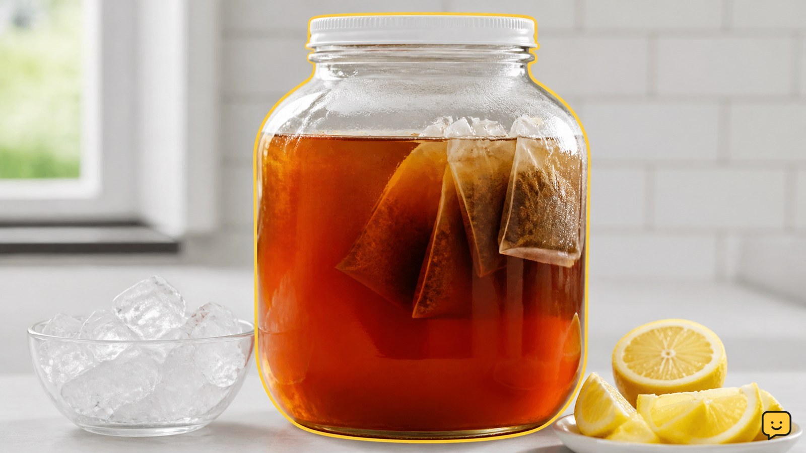 Glass jar of amber sun tea with ice and lemon on a kitchen counter