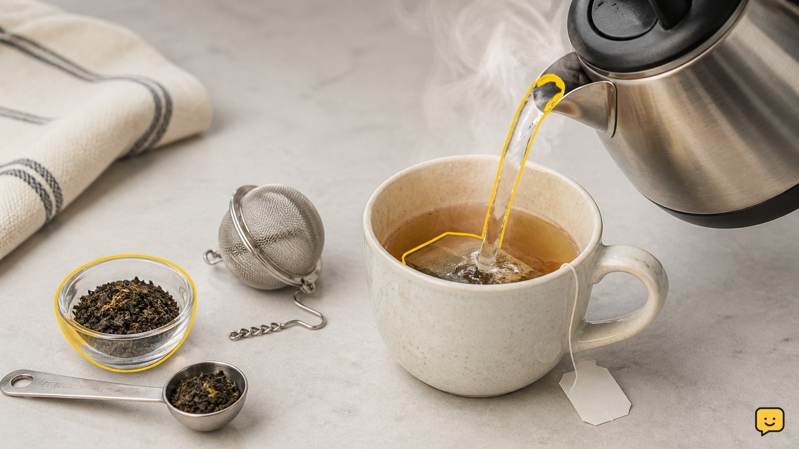 Tea bag and loose-leaf tea being prepared beside a cup, kettle and strainer