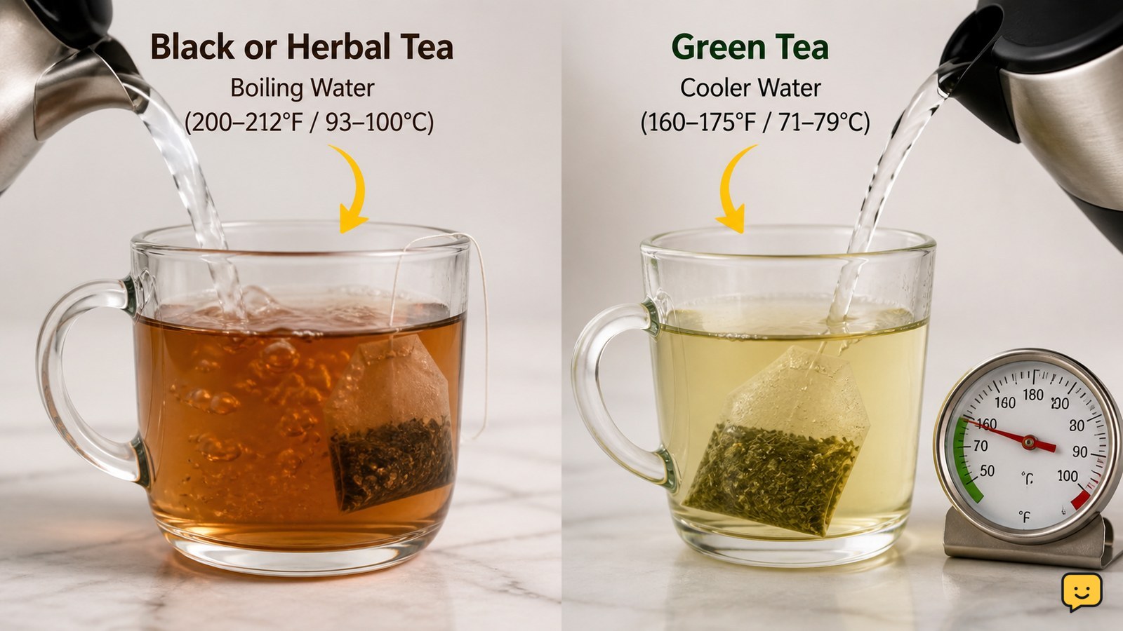 Side-by-side tea brewing comparison showing boiling water for black tea and cooler water for green tea