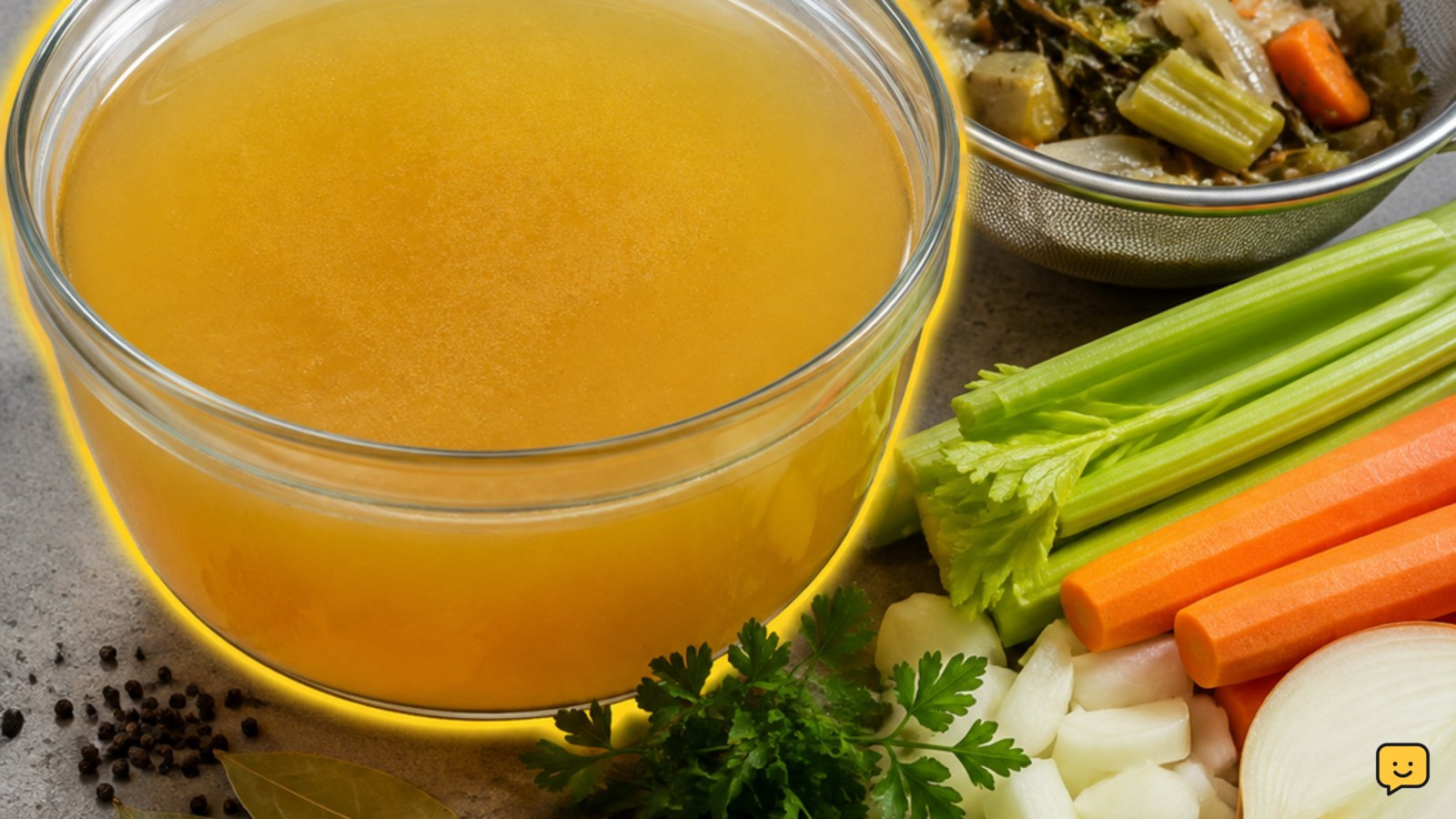 A bowl of homemade vegetable stock beside carrots, celery, onion, garlic, herbs, and a fine-mesh strainer