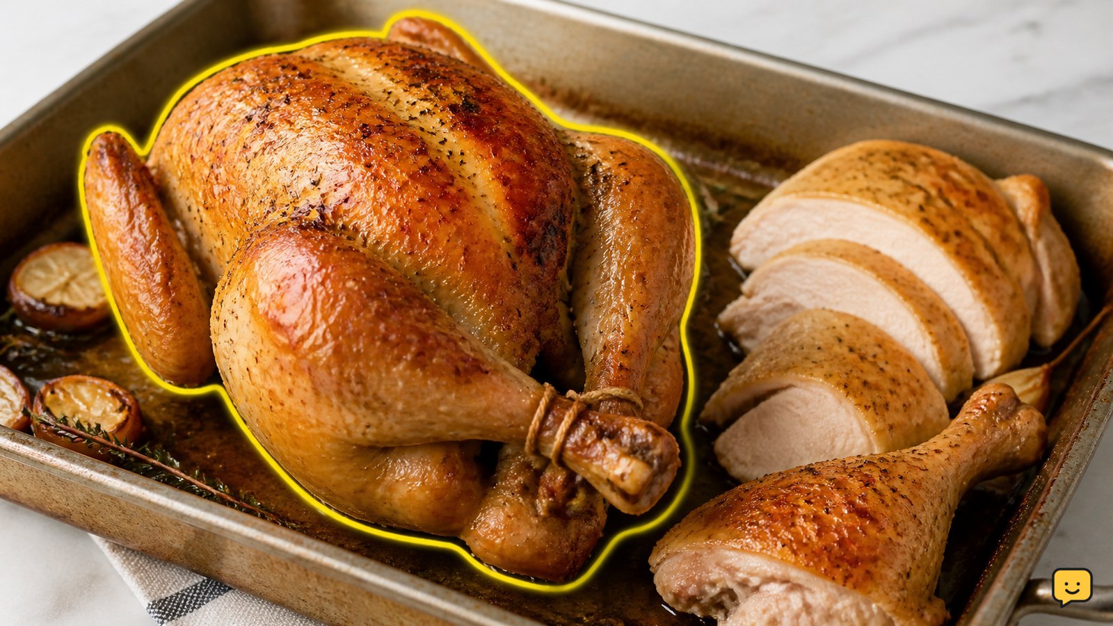 Golden whole roasted chicken resting in a roasting pan beside carved breast and leg pieces