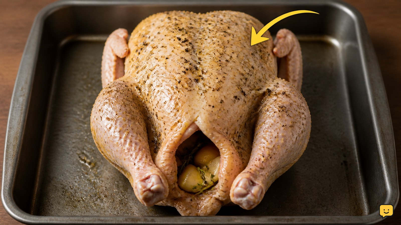 Seasoned whole chicken positioned breast-side up in a shallow roasting pan before baking