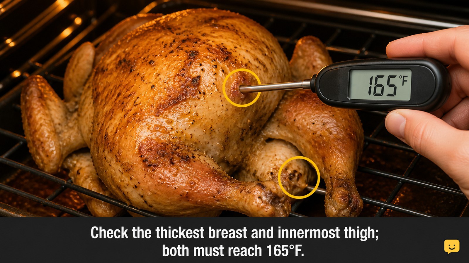 Instant-read thermometer inserted into the thickest part of a roasted chicken breast away from the bone