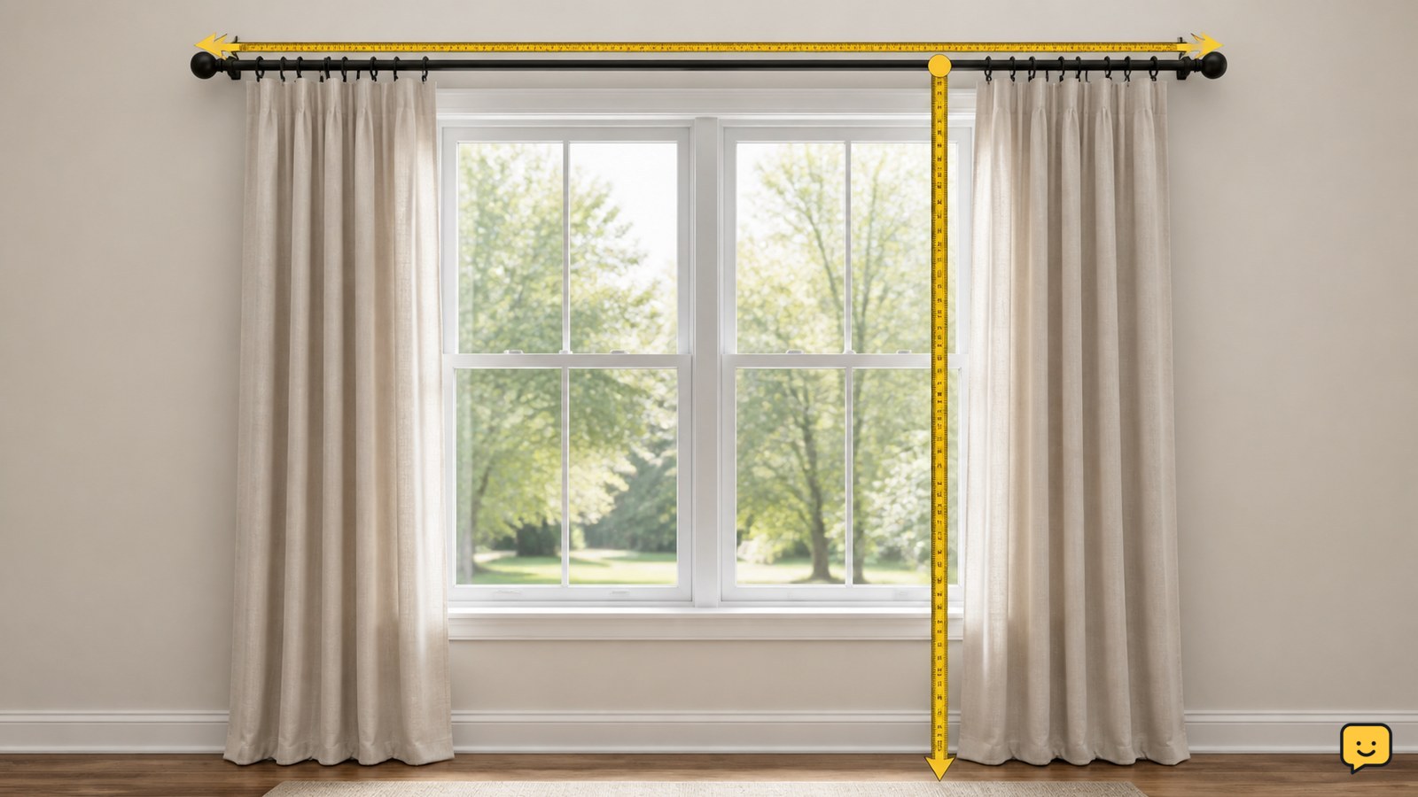Curtain rod measured across a window and curtain length measured from the rod to the floor