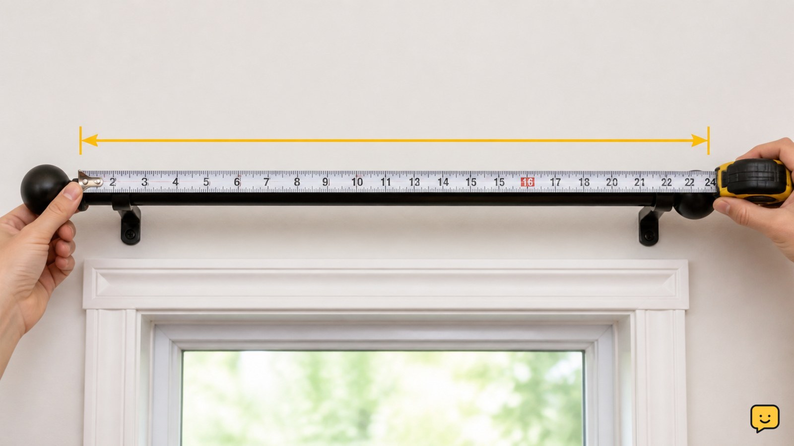 Metal tape measure stretched from the left end of a curtain rod to the right end above a window