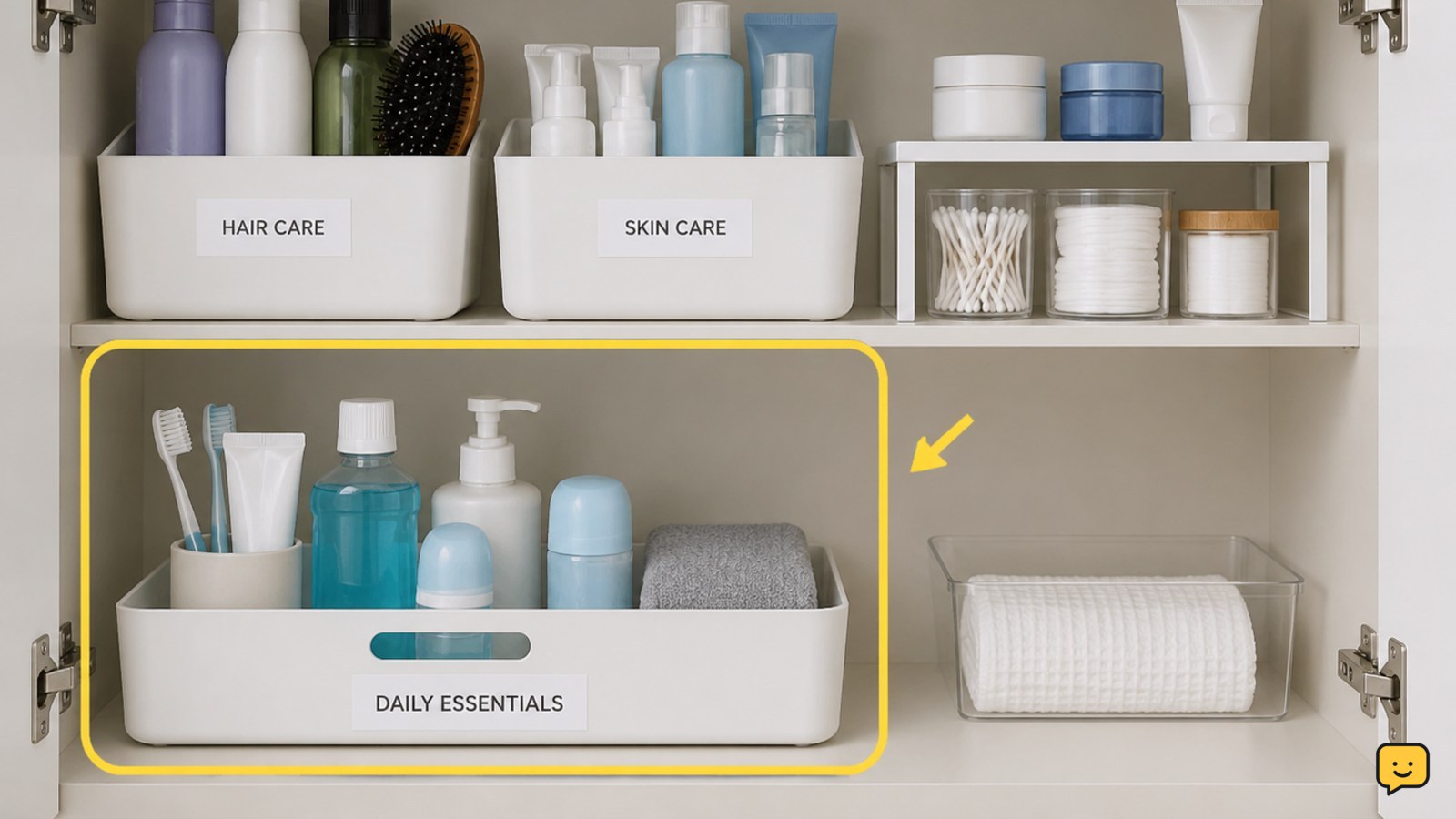 Organized bathroom cabinet with labeled bins, shelf riser, and neatly grouped toiletries