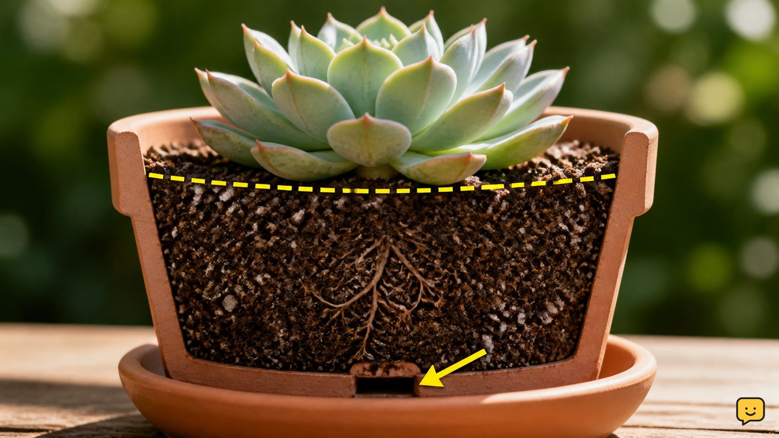 Healthy succulent planted at the correct depth in fast-draining soil inside a pot with a drainage hole