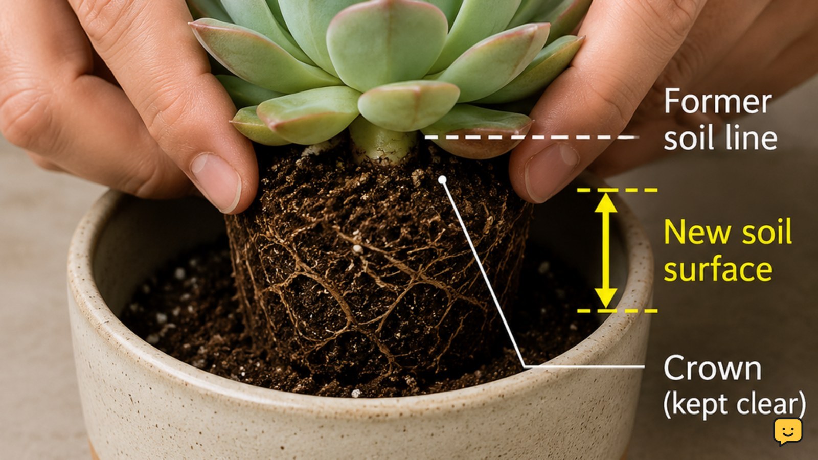 Hands position a succulent root ball in a pot while the former soil line and crown remain visible above the new mix
