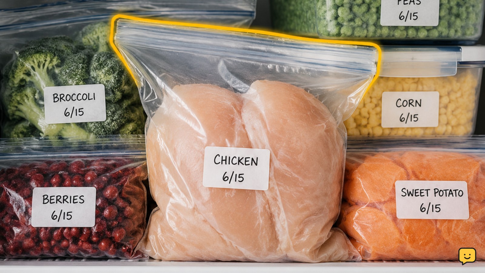 Labeled freezer bags and airtight containers packed closely around frozen food in an organized freezer
