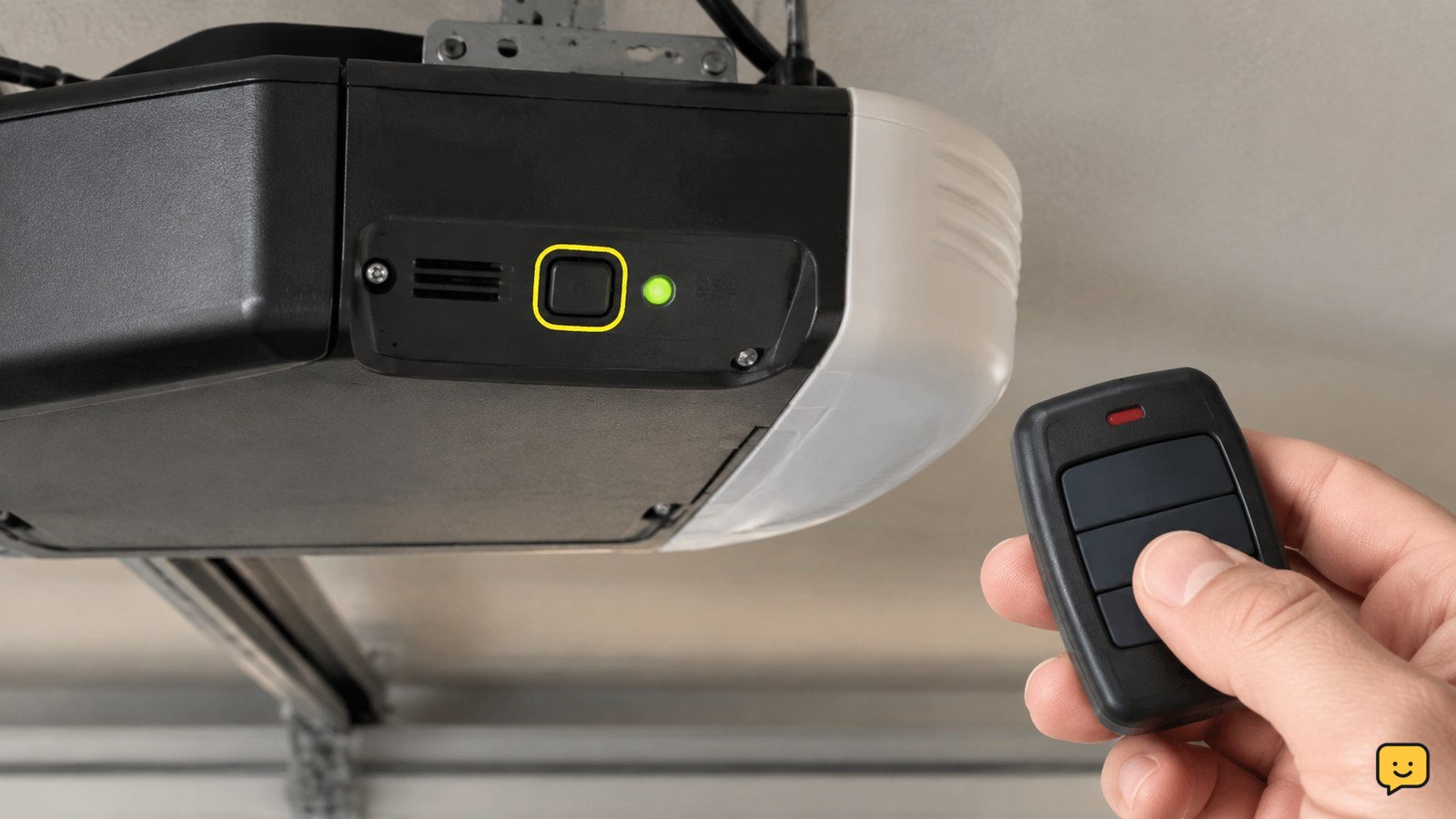 Garage door opener motor unit with Learn button, indicator light, and compatible handheld remote