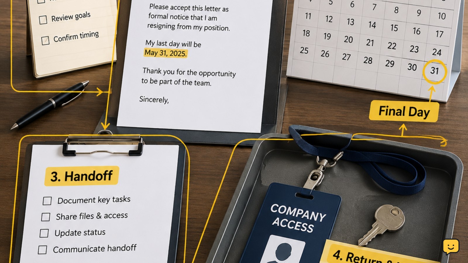 Desk workspace with a resignation checklist, dated letter, handoff tracker, and returned company badge
