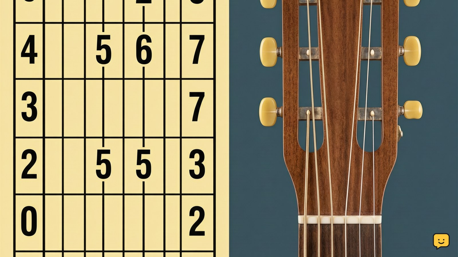 Labeled guitar tablature showing six strings, fret numbers, an open string, and a chord
