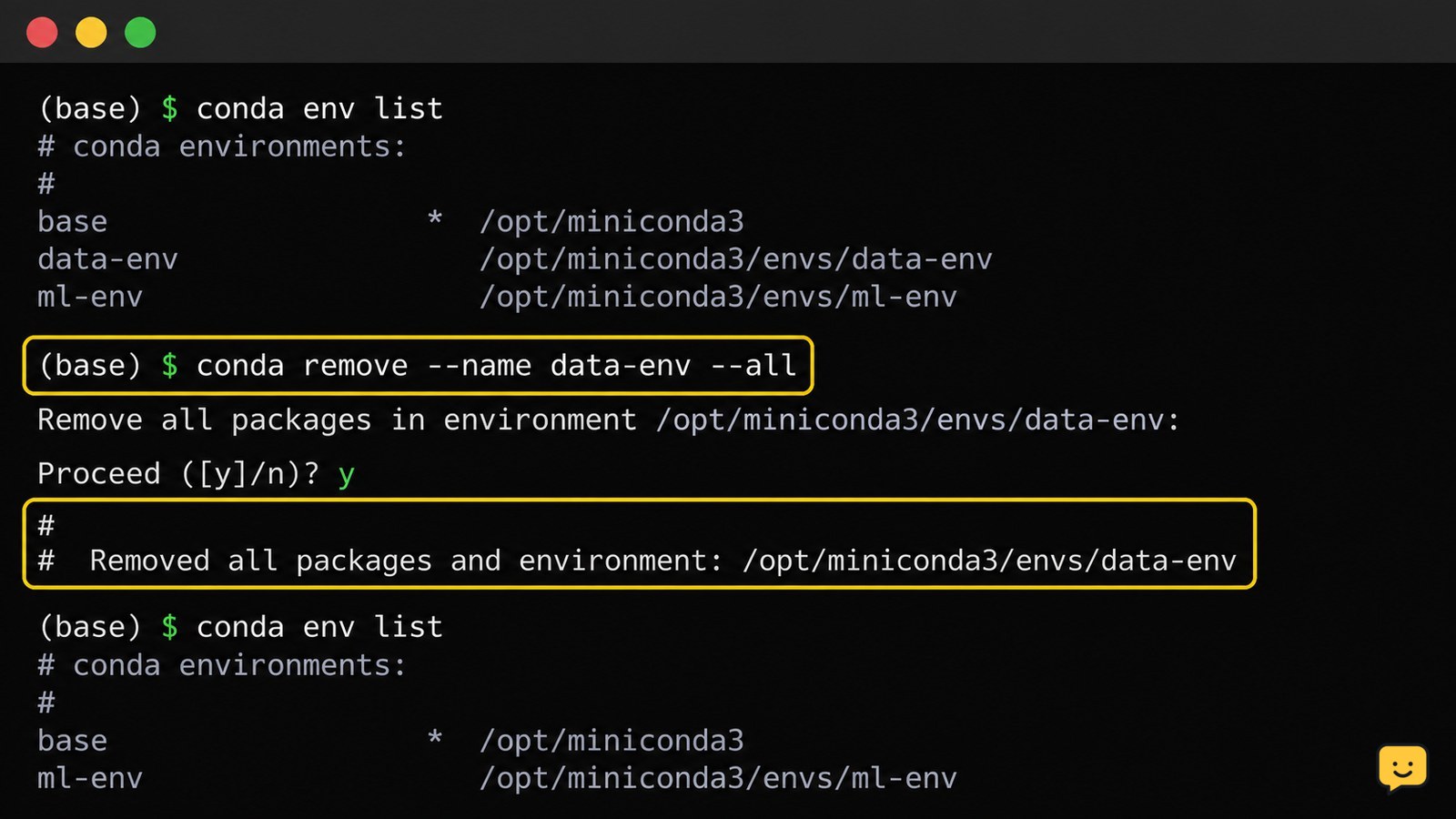 Terminal showing a Conda environment removal command and successful completion