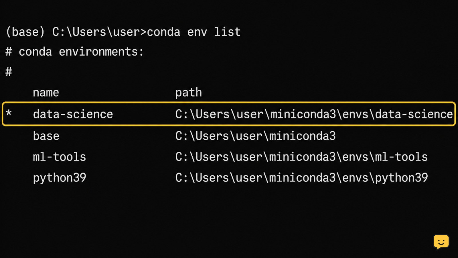 Conda environment list showing named environments, installation paths, and an active-environment marker