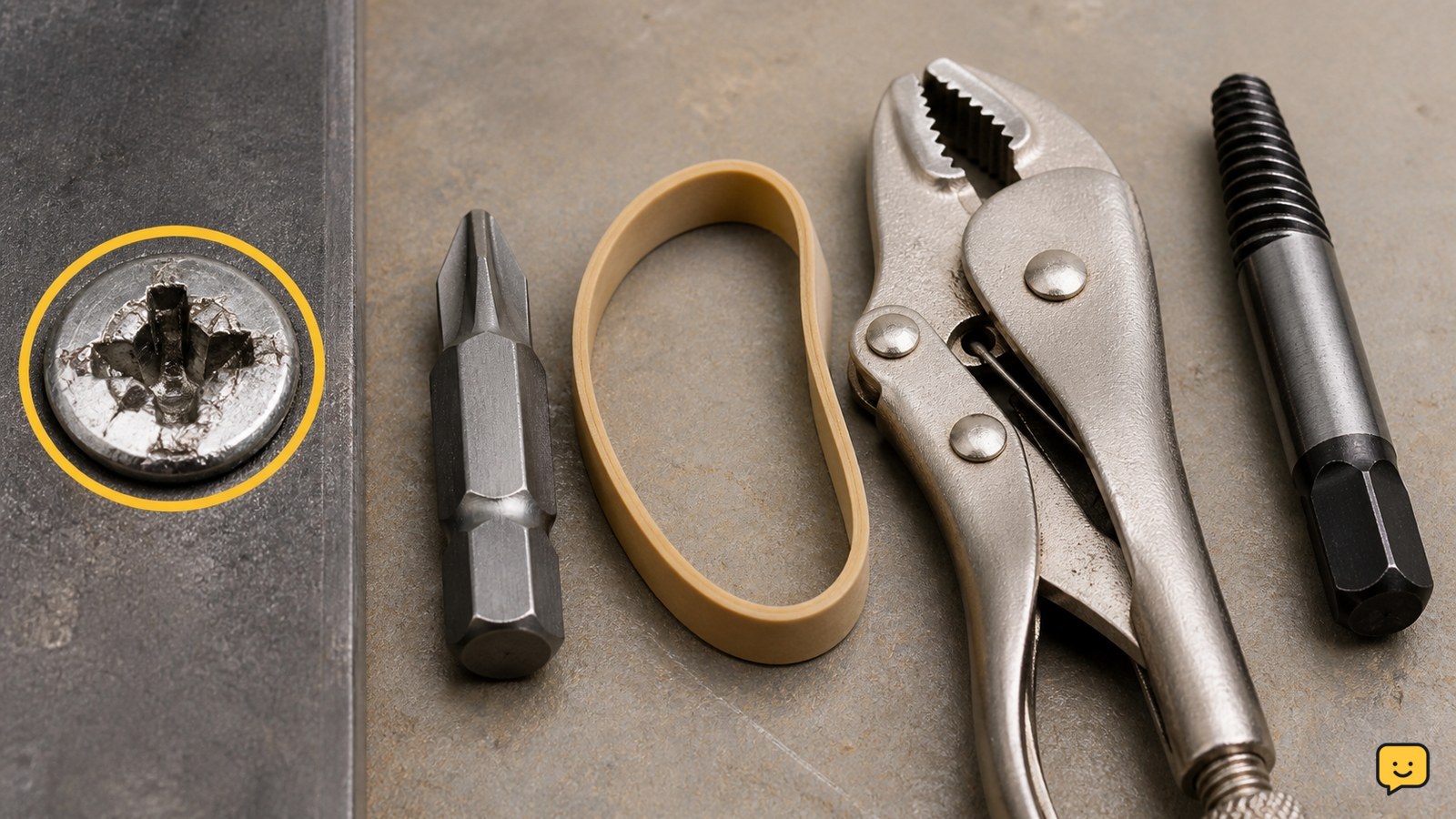 Close-up of a stripped screw with matching screwdriver bit, rubber band, locking pliers, and screw extractor arranged beside it