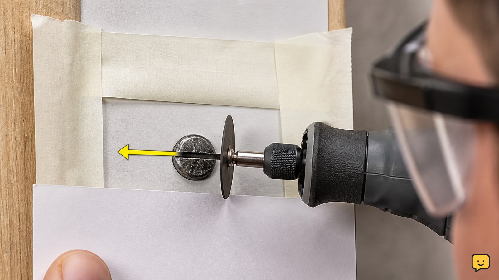 Rotary cutting disc making one shallow straight slot across a stripped screw head while the surrounding surface is protected