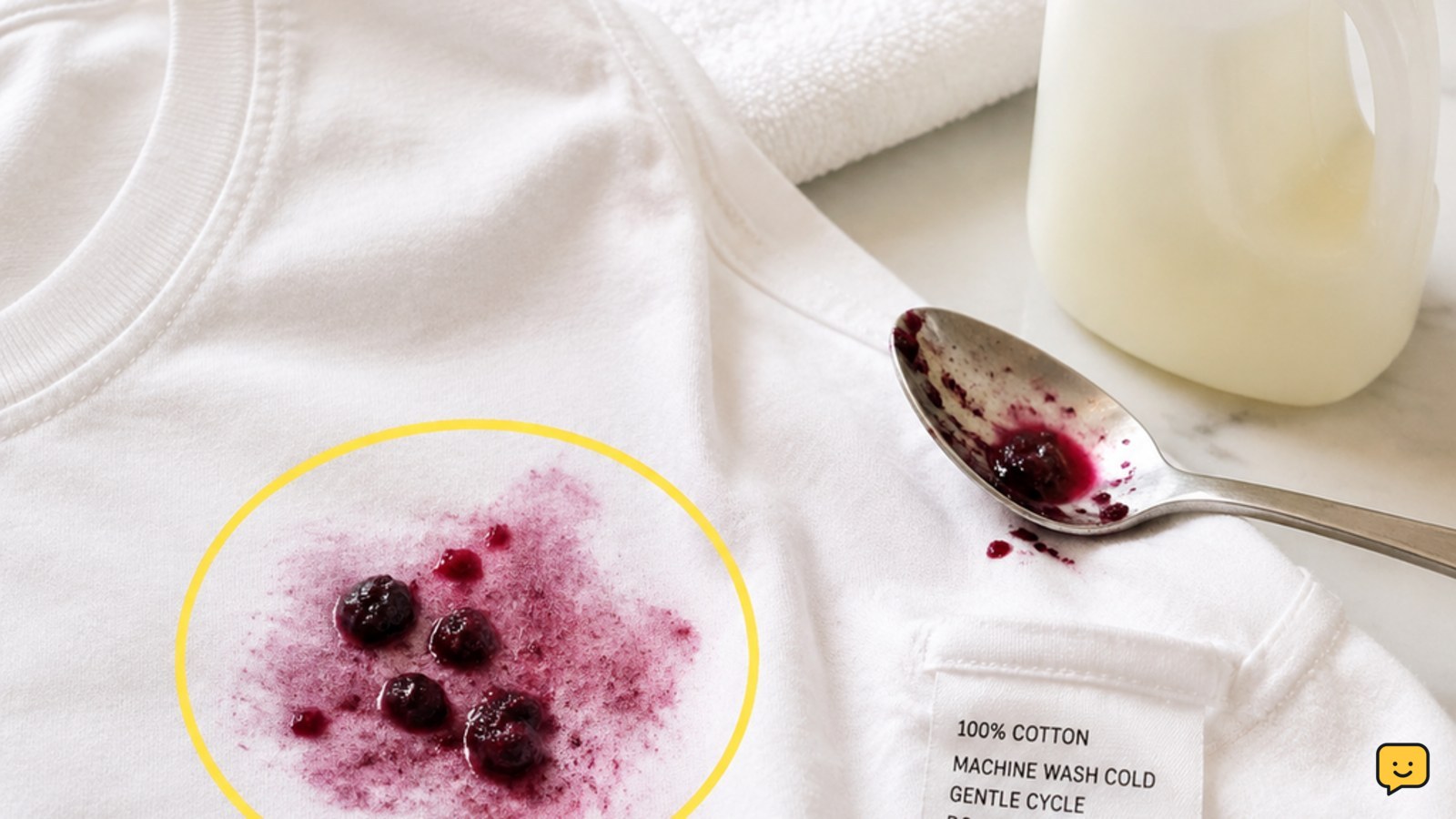 Berry stain on a white cotton shirt beside a towel, spoon, detergent, and care label