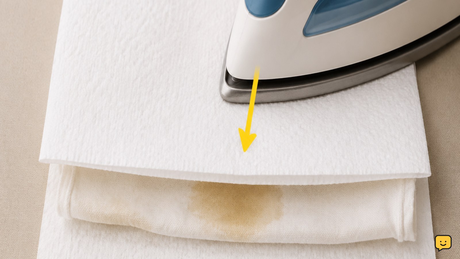White paper towels placed above and below wax-stained fabric while an iron applies low heat to the top paper