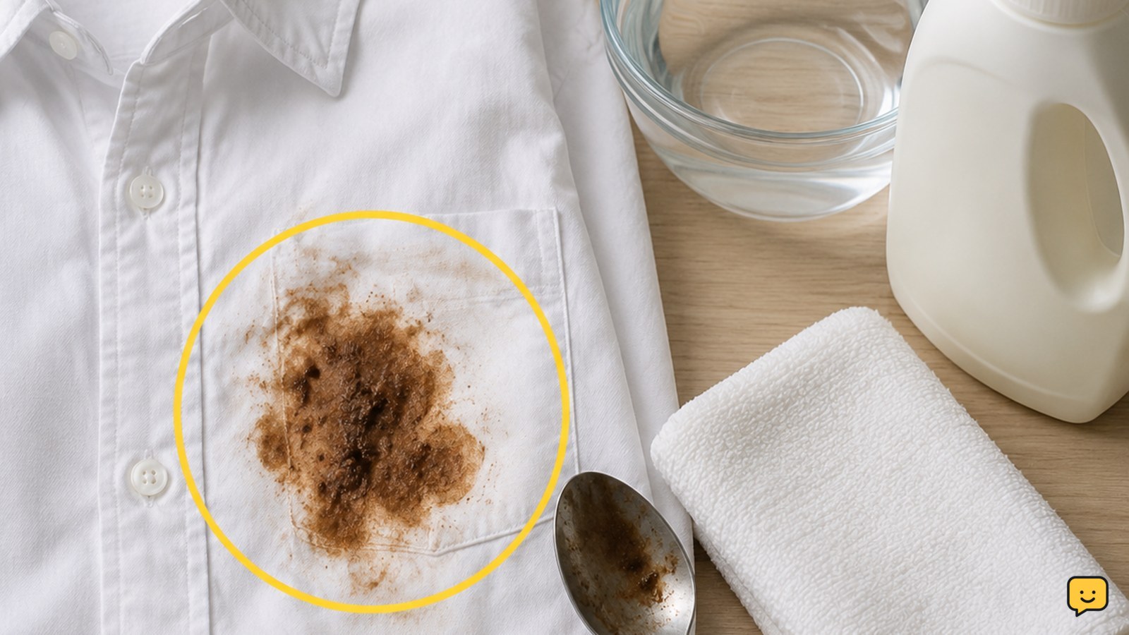 Chocolate stain on a cotton shirt beside a spoon, white cloth, cold water, and laundry detergent