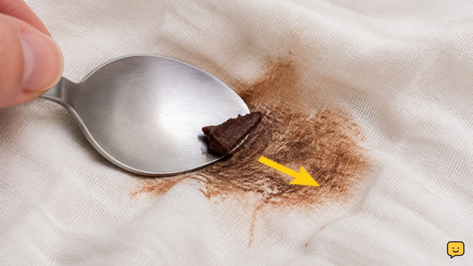 A dull spoon lifting hardened chocolate from the center of a stained cotton fabric without spreading it