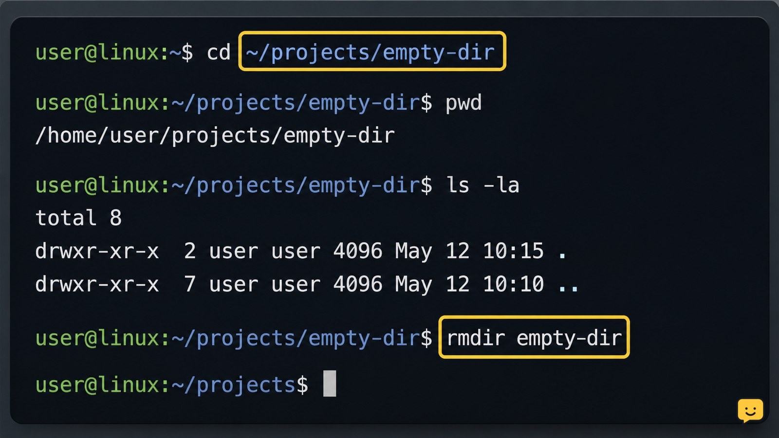 Linux terminal showing safe directory inspection followed by an rmdir command
