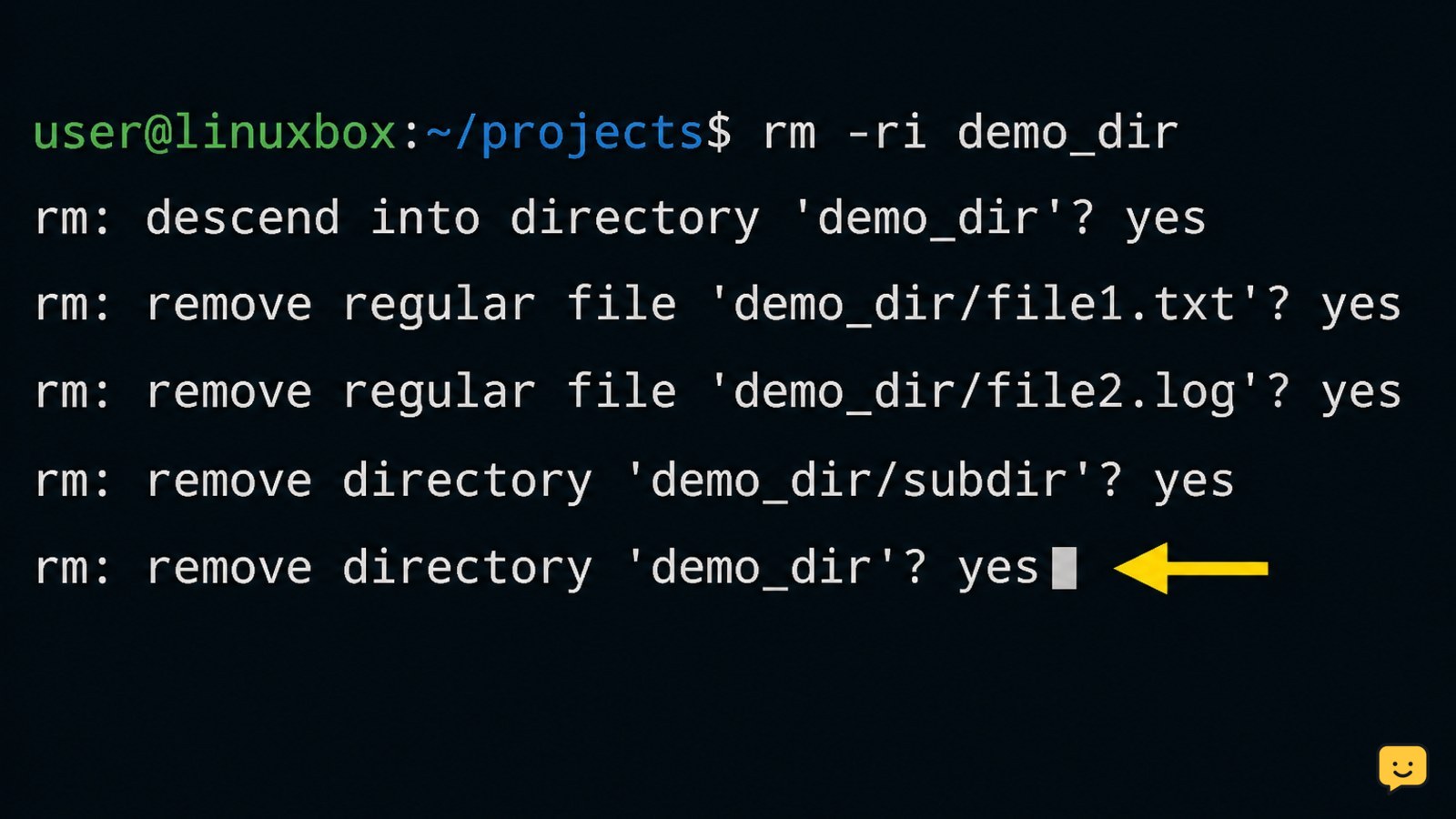 Linux terminal displaying an rm -ri confirmation prompt for a directory entry