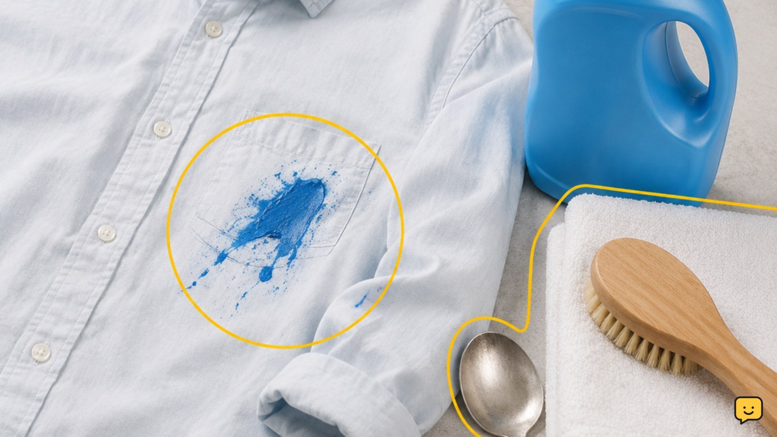 Washable shirt with paint on the fabric beside a spoon, detergent, towel, and soft brush