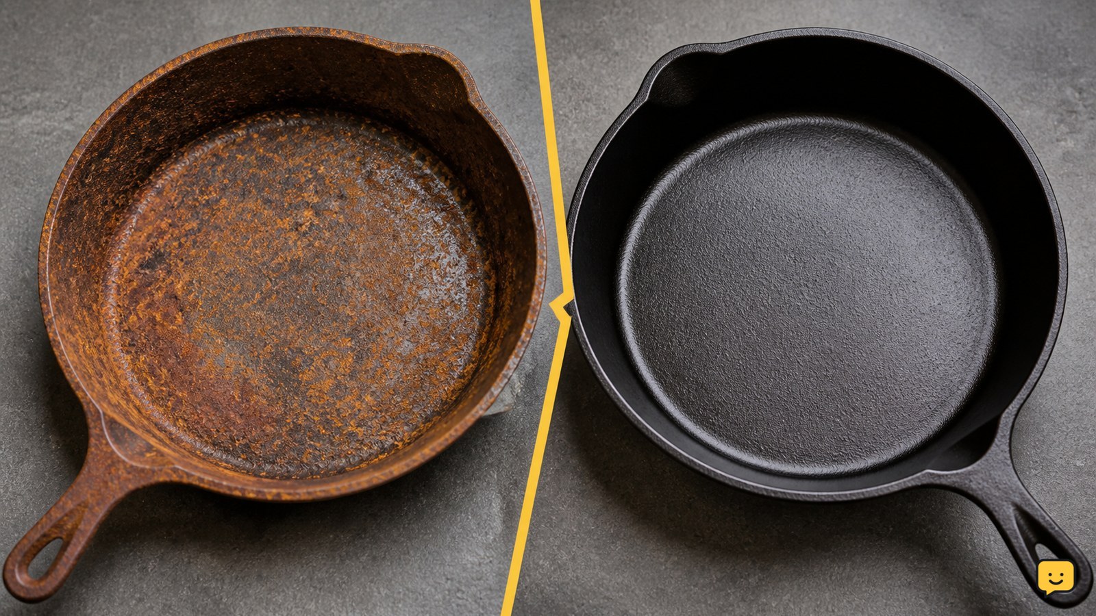 Rusty bare cast-iron skillet beside a restored, re-seasoned skillet