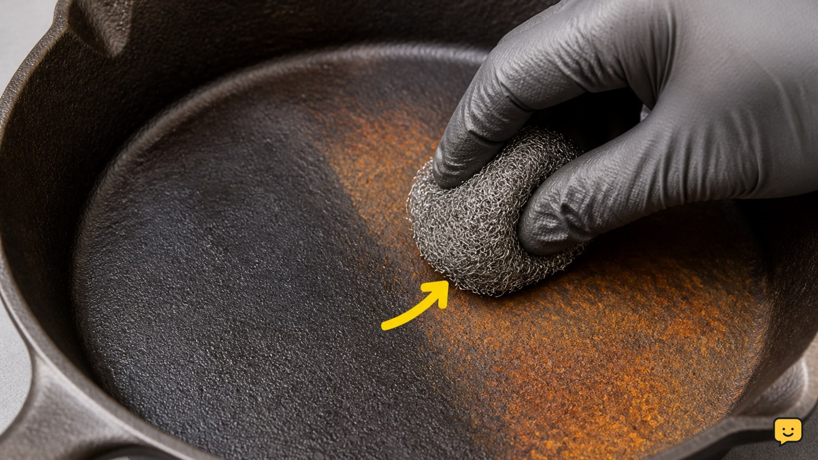 Steel wool scrubbing orange surface rust from the interior of a bare cast-iron skillet
