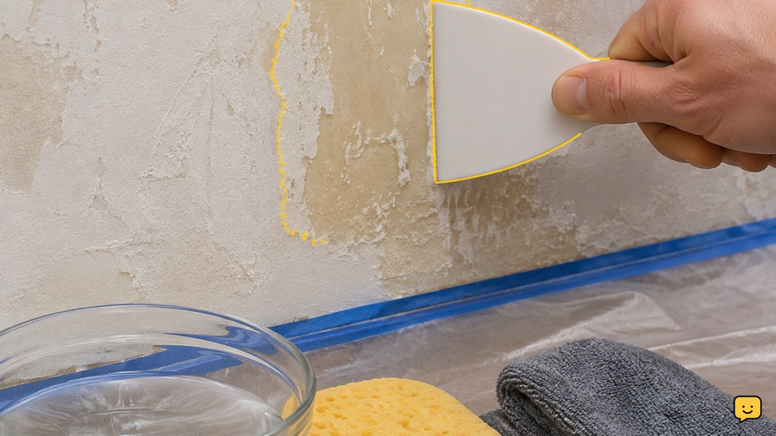 Wall with small areas of wallpaper glue residue beside warm water, a sponge and a plastic scraper