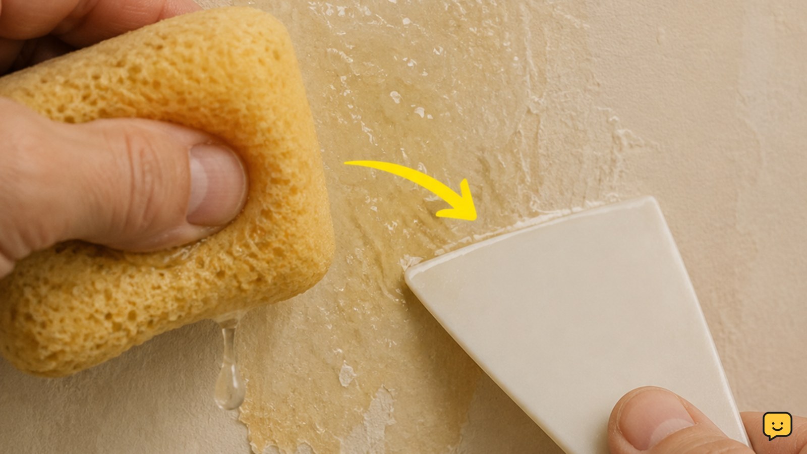 Close view of a wrung-out sponge dampening wallpaper glue while a plastic scraper rests nearly flat against the wall