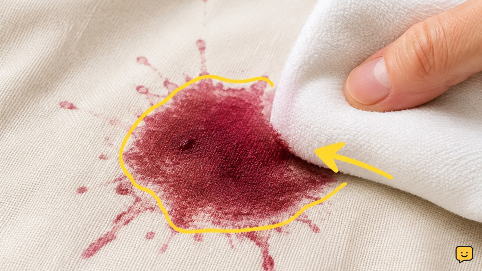 A red wine stain being blotted from light-colored washable fabric with a clean white cloth
