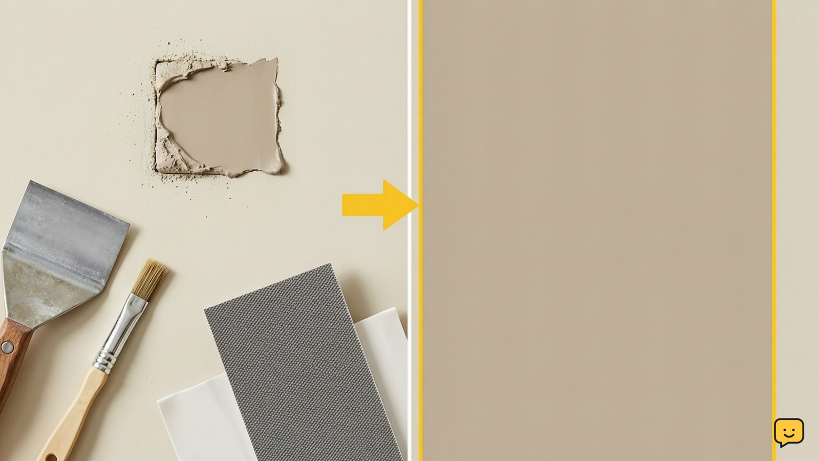 Tools and materials beside a small repaired paint chip on a painted wall
