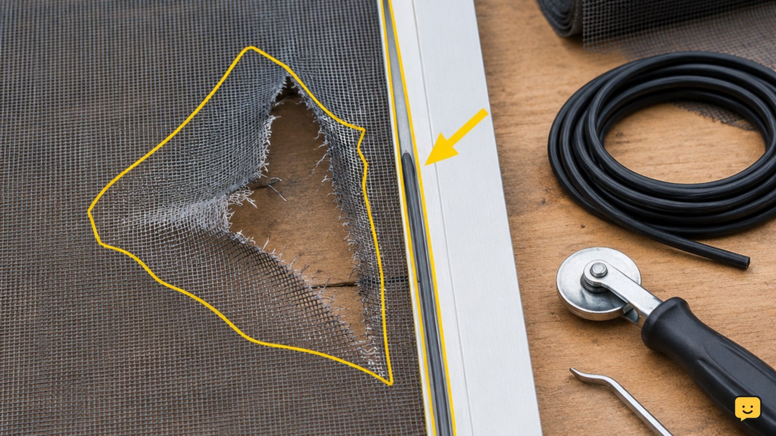 Framed screen door with torn mesh and tools for replacing the screen