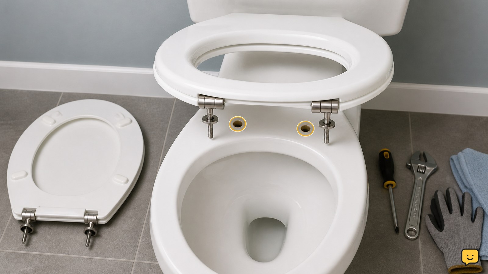 New toilet seat positioned over a clean toilet bowl beside the removed old seat and basic hand tools