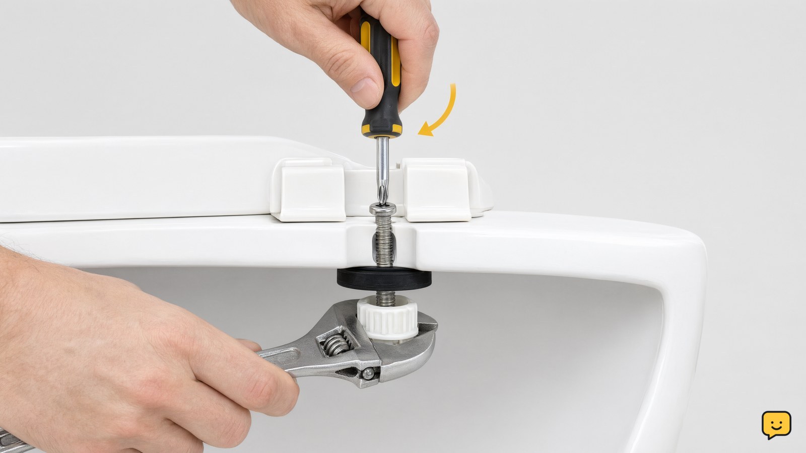 Close view of a toilet seat hinge with a screwdriver on the bolt above and adjustable wrench holding the nut below