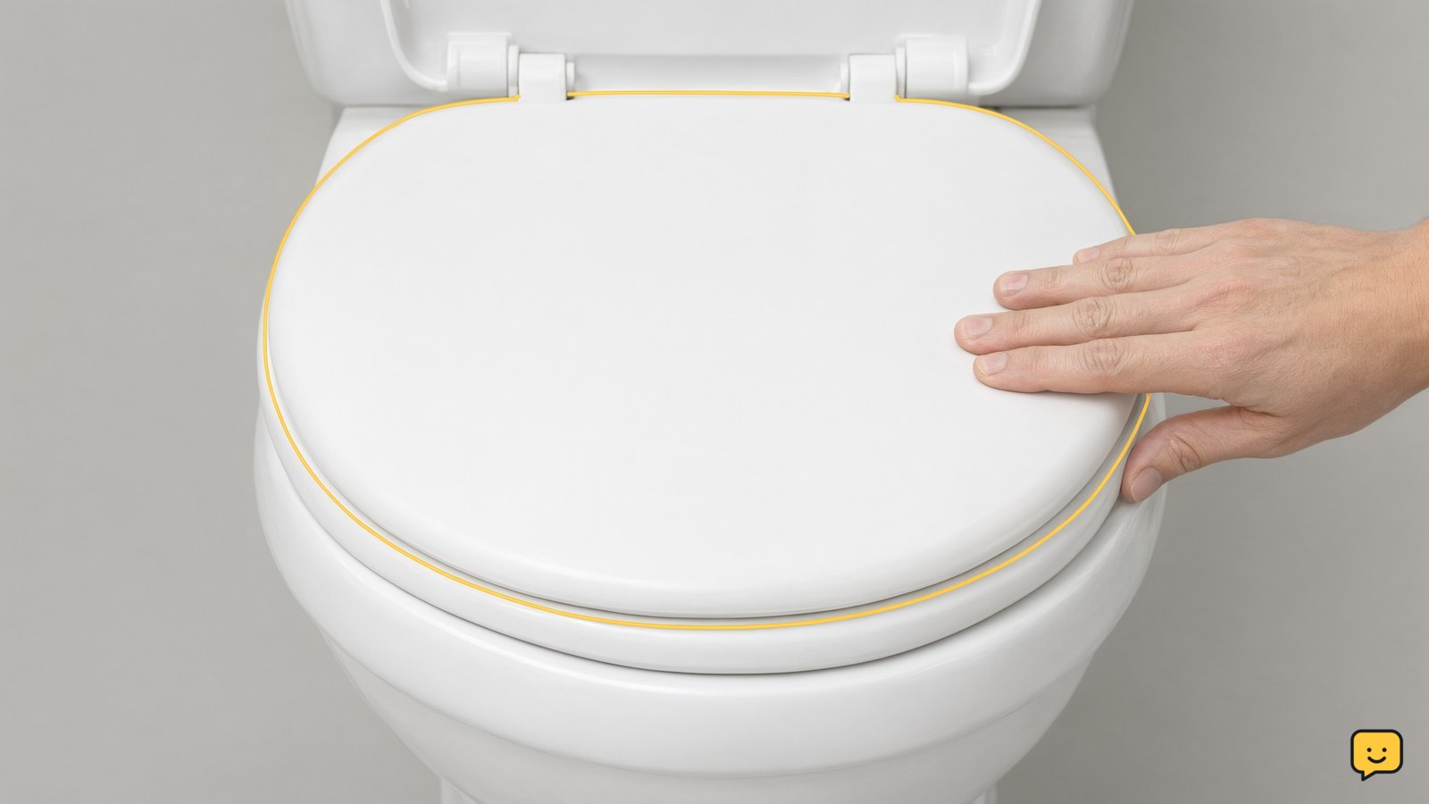 Front view of a centered closed toilet seat with a hand gently checking the side for movement