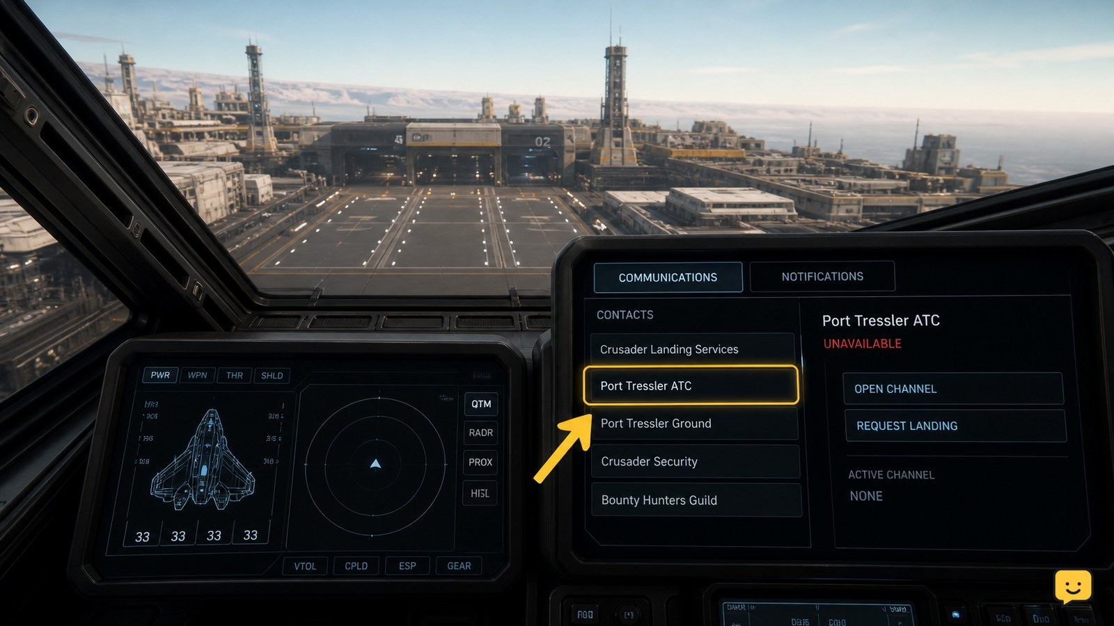 Star Citizen ship approaching a landing facility with the Communications MFD open to ATC