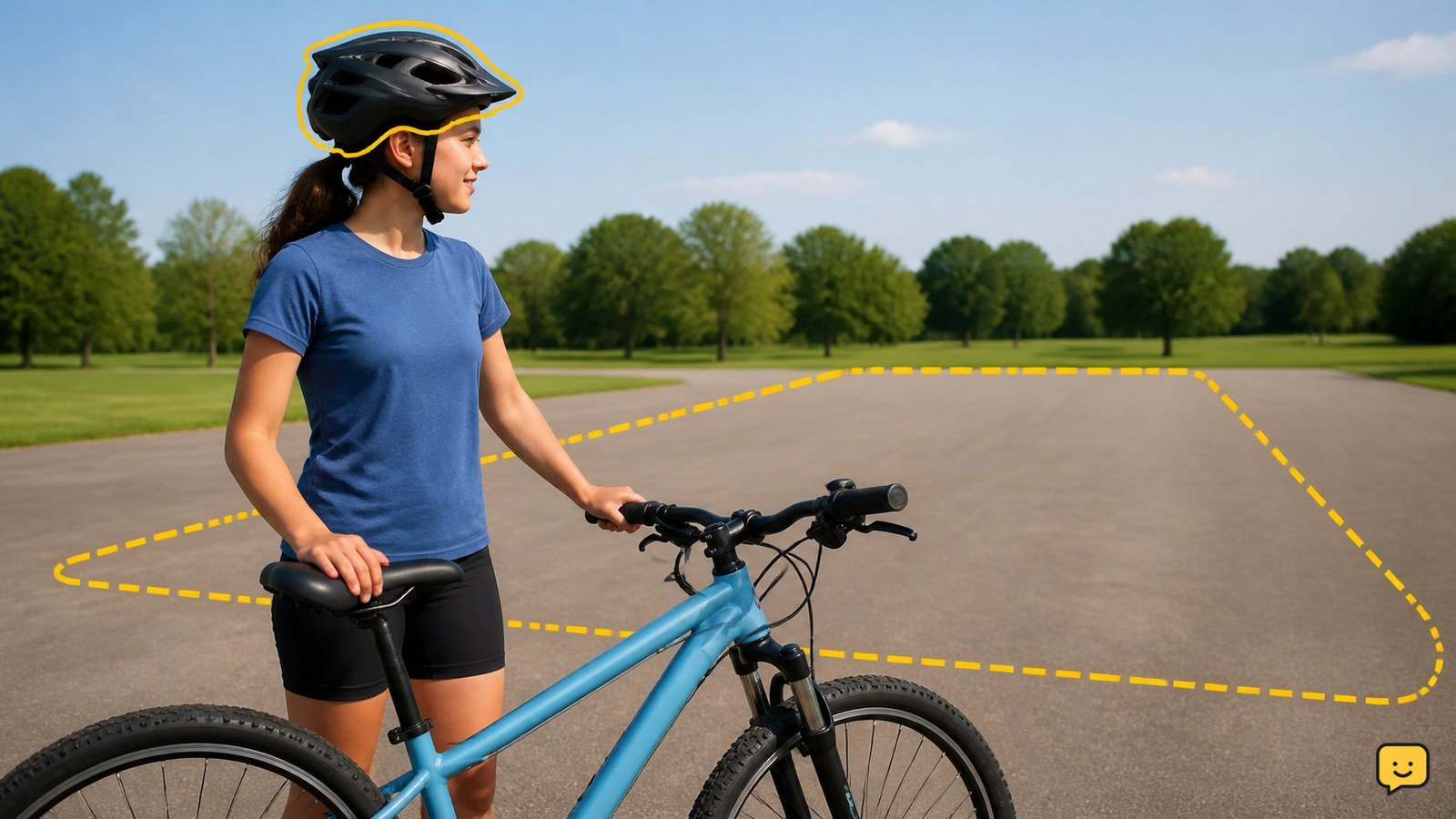 Beginner cyclist wearing a fitted helmet beside a correctly sized bicycle on smooth open pavement