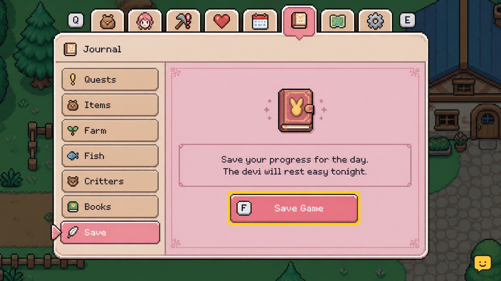 Fields of Mistria Journal menu with the save option highlighted