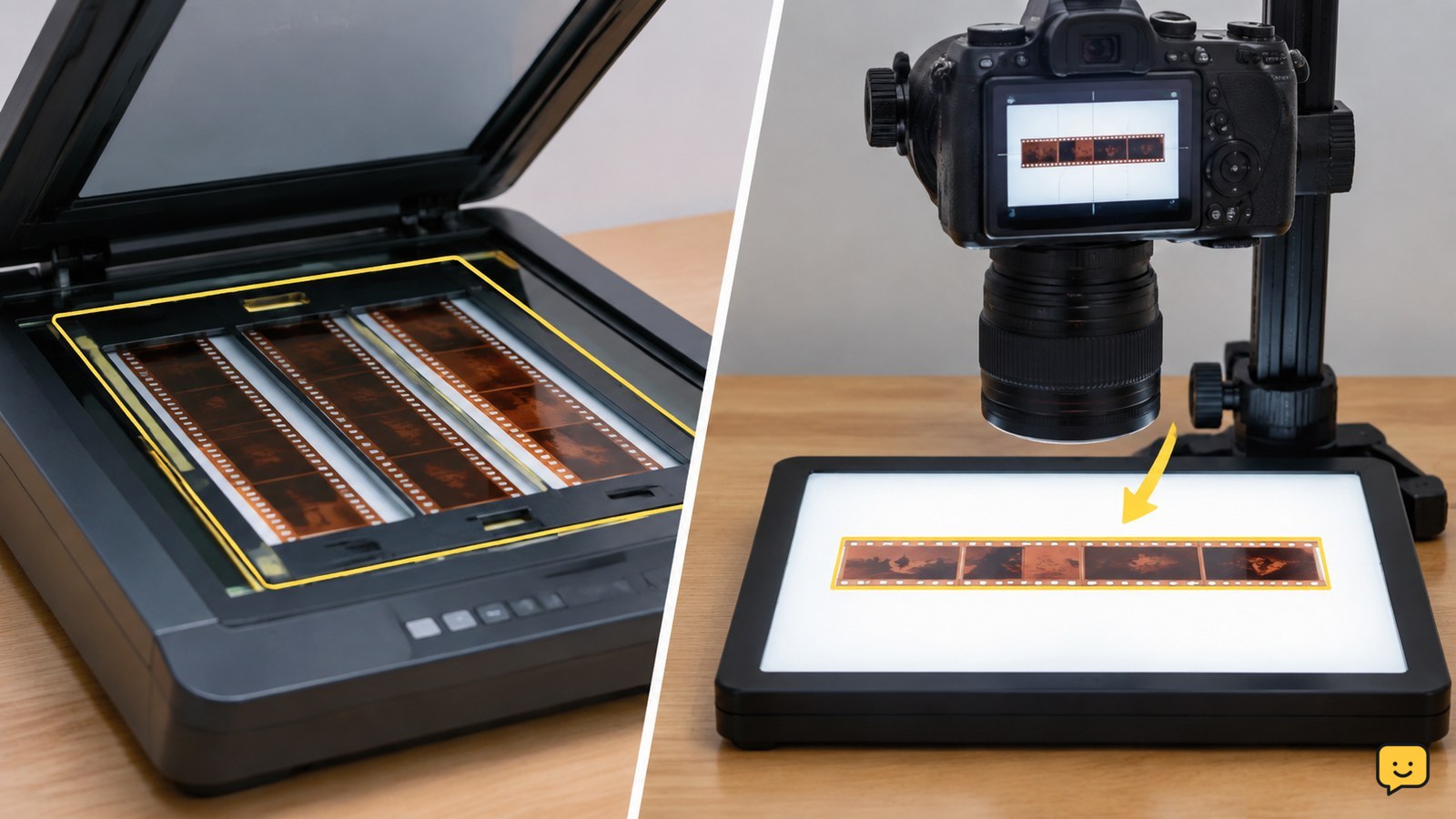 Photographic film negatives positioned in a scanner holder beside a camera scanning setup with an even backlight