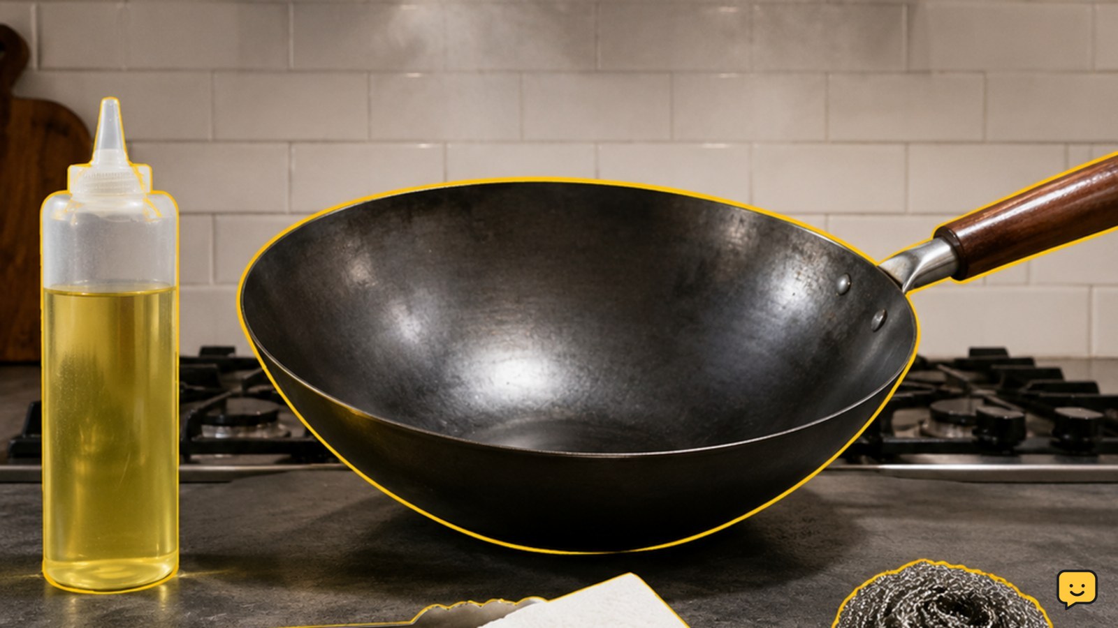 Carbon-steel wok beside oil, tongs, paper towels, and a scrub pad ready for seasoning