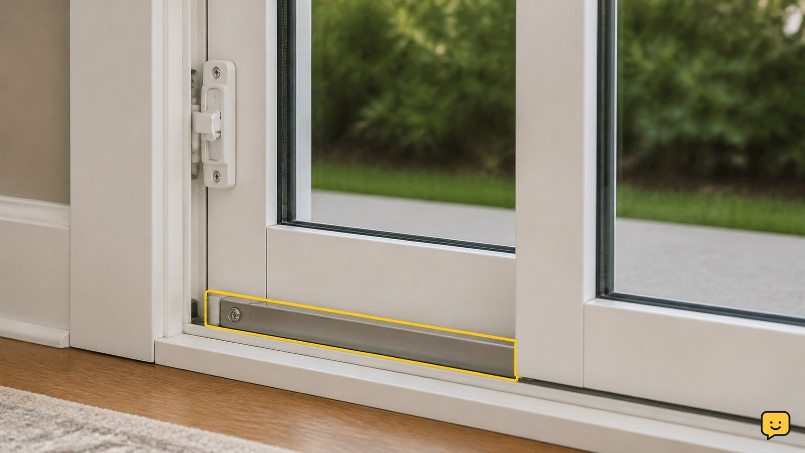 Closed sliding glass patio door secured with a track bar in the lower track