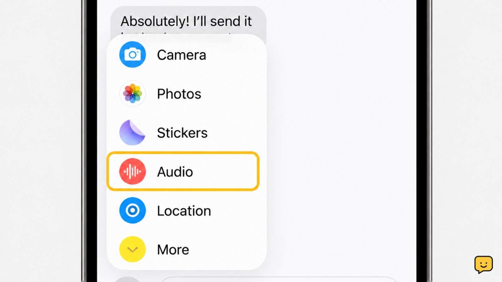 iPhone Messages conversation with the plus menu open and Audio highlighted