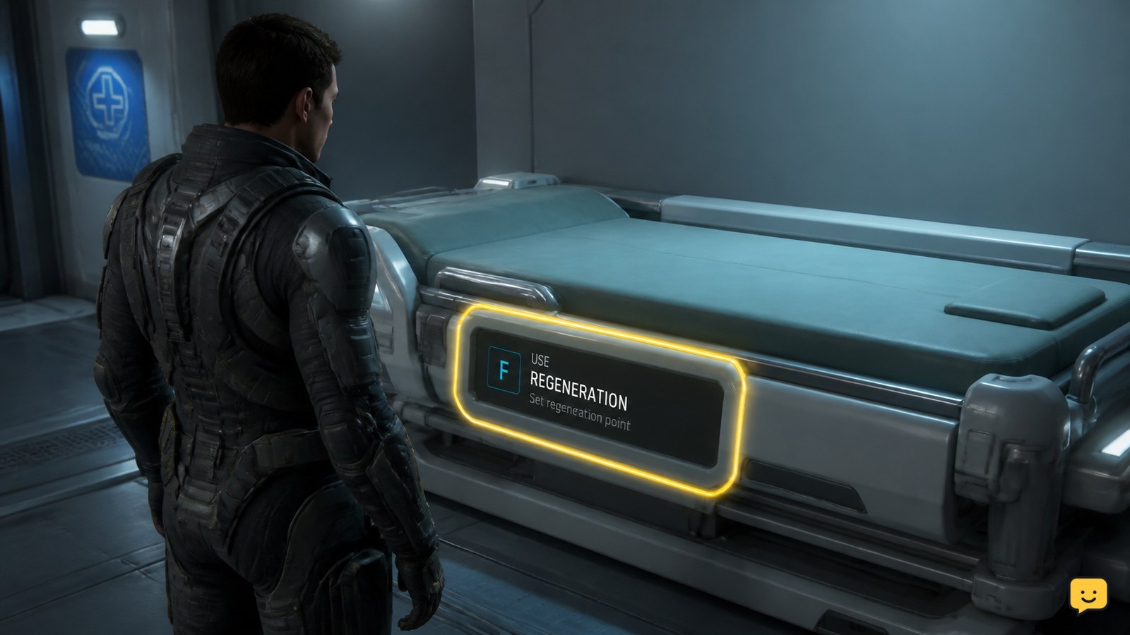 Star Citizen character using a medical bed to set a regeneration point